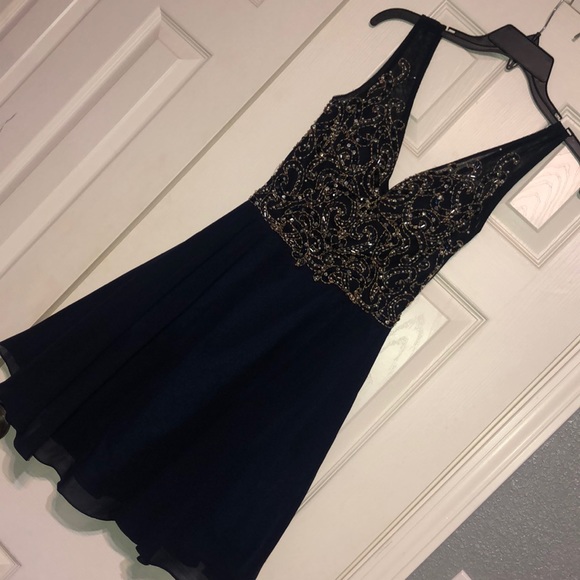 Navy Blue, Gold, And Pearl Semi-Formal Dress - Picture 2 of 8